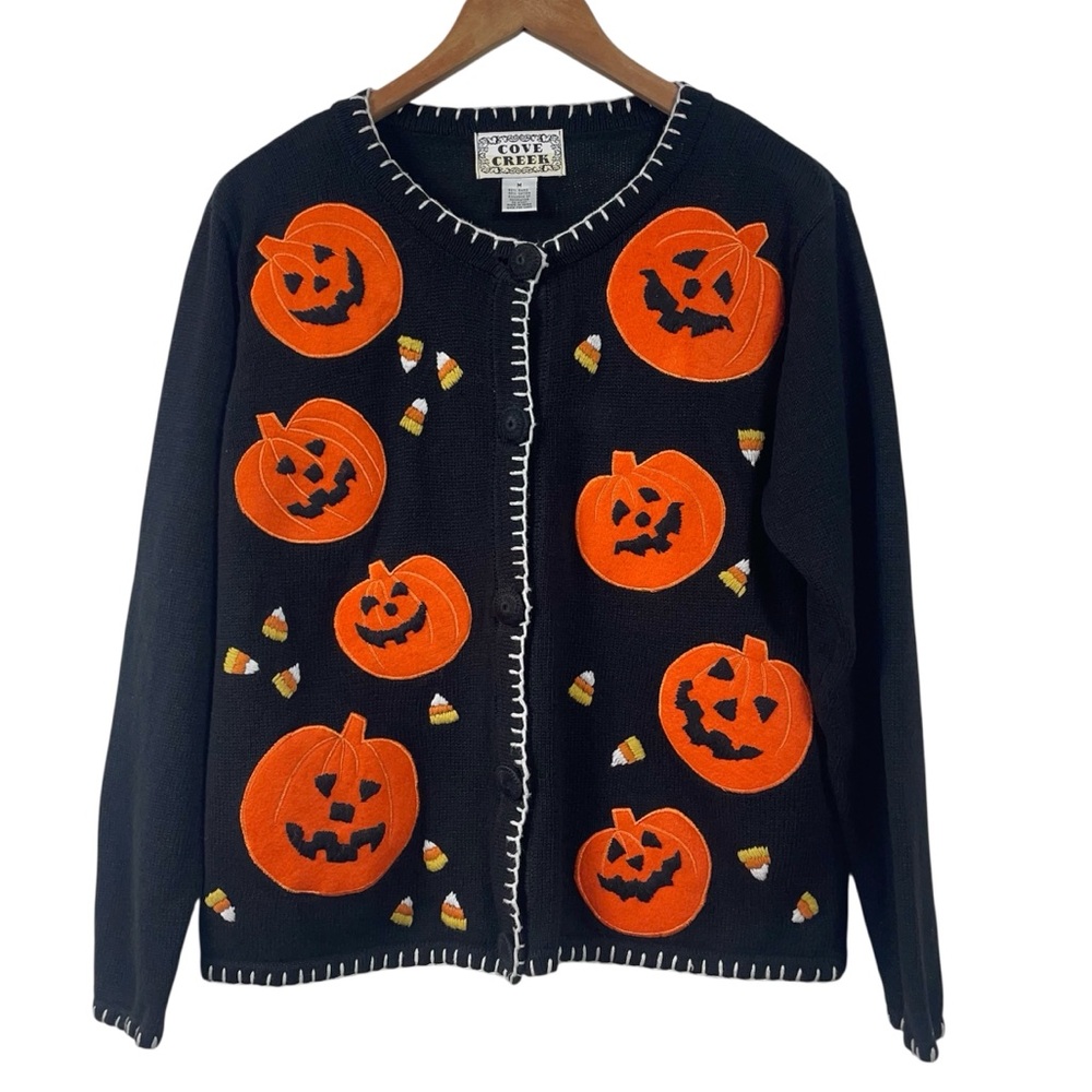 VTG Halloween Cardigan Pumpkin 90s Granny Embroidery Black Med Teacher Sweater - Picture 2 of 16